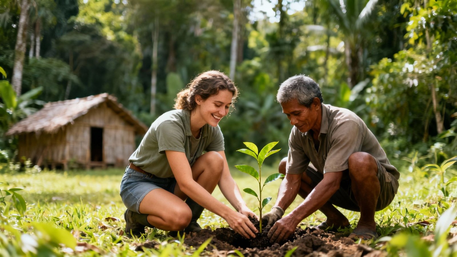 Two people smiling and planting a small tree sapling together in a green, natural environment with a hut.