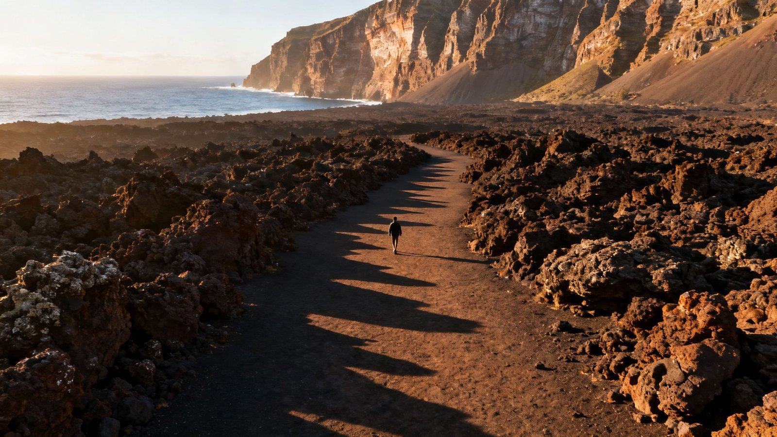 A lone person walks along a winding path through dark volcanic lava fields at sunset, with ocean and cliffs in the distance.