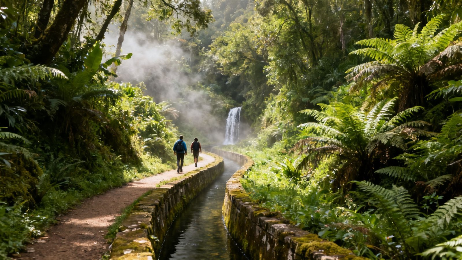 Two hikers on a misty forest path next to a levada with a waterfall.