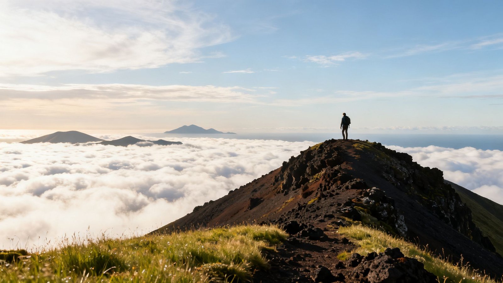 A lone hiker stands on a volcanic ridge, overlooking a sea of clouds and distant islands at sunrise.