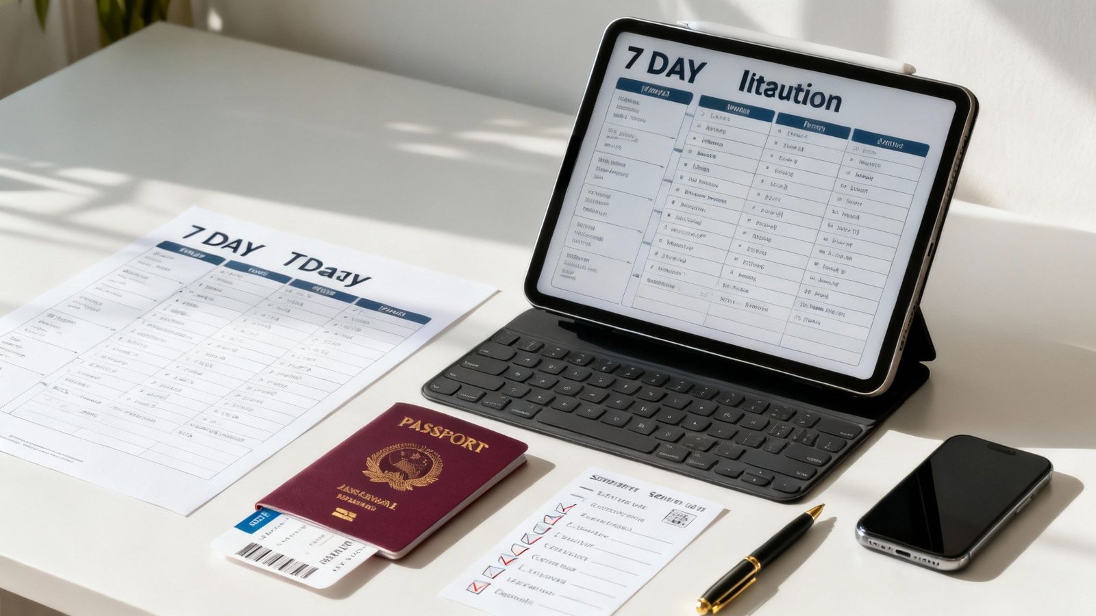 A travel planning flat lay with a tablet showing a 7-day itinerary, passport, and checklist.