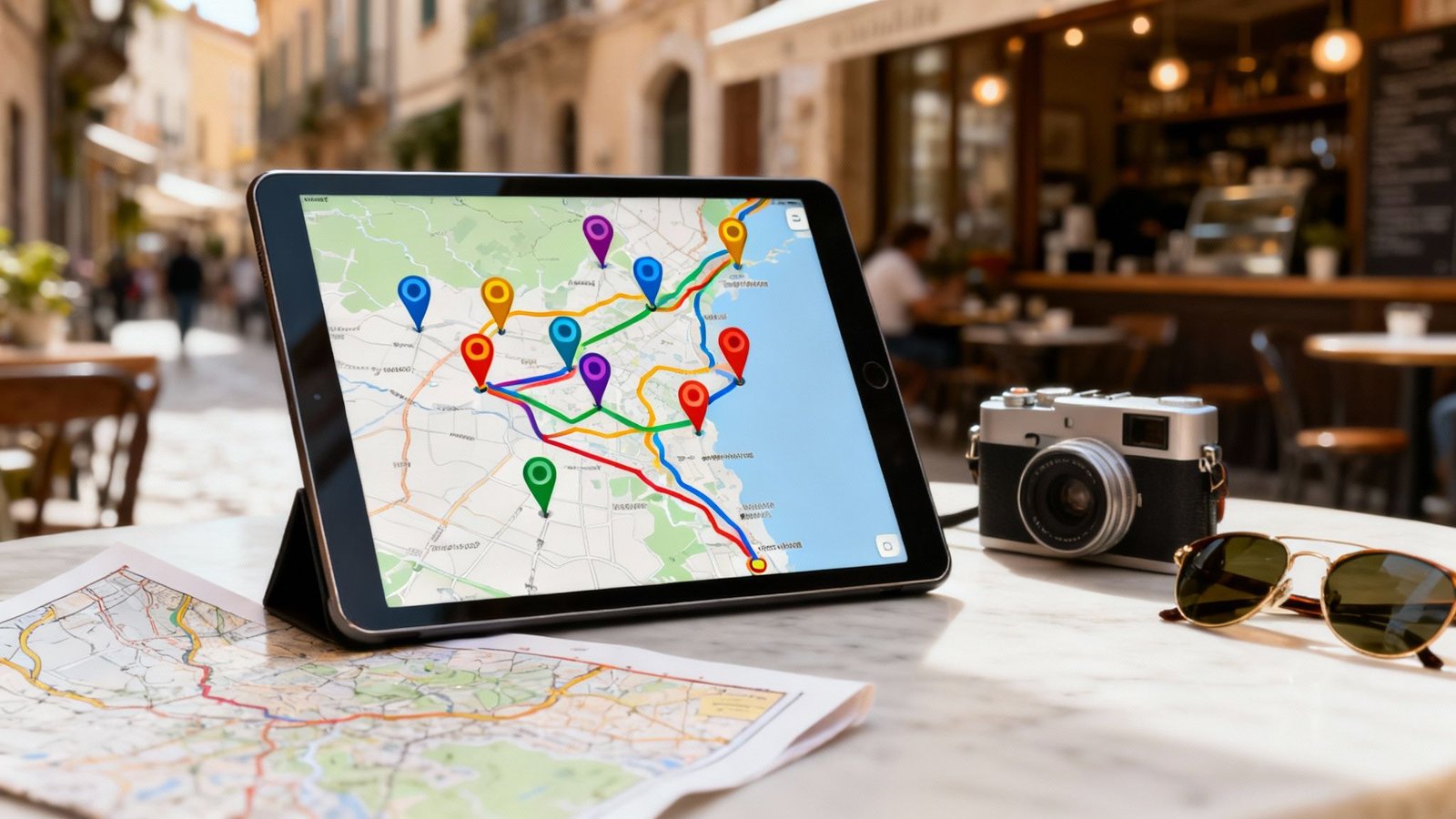 A tablet showing a map with routes, a paper map, camera, and sunglasses on a cafe table.