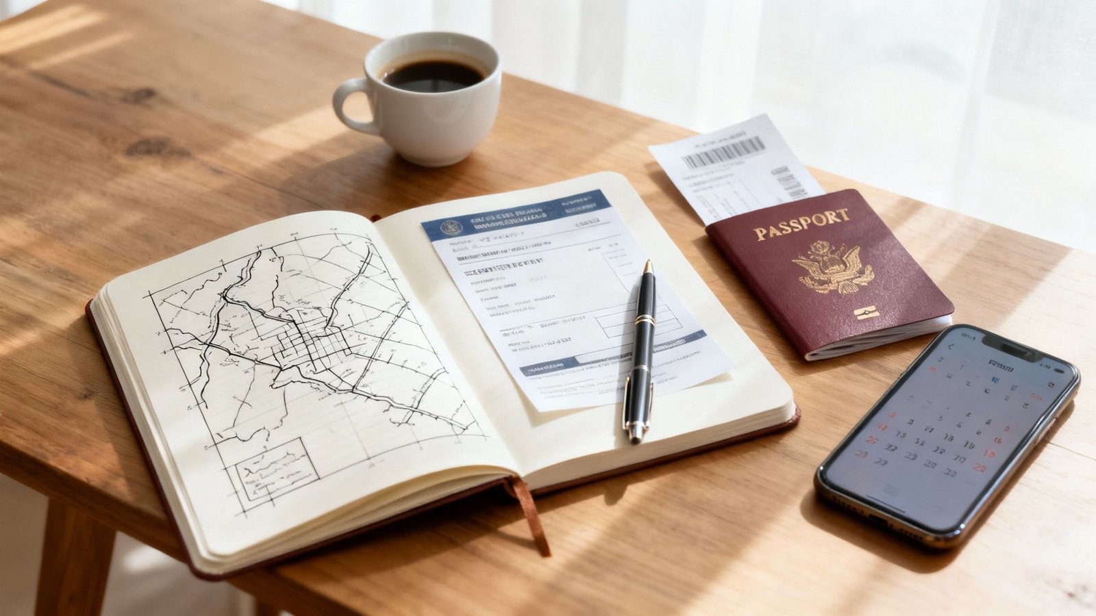 A flat lay of travel planning essentials including a notebook, map, passport, phone, and coffee cup on a wooden table.