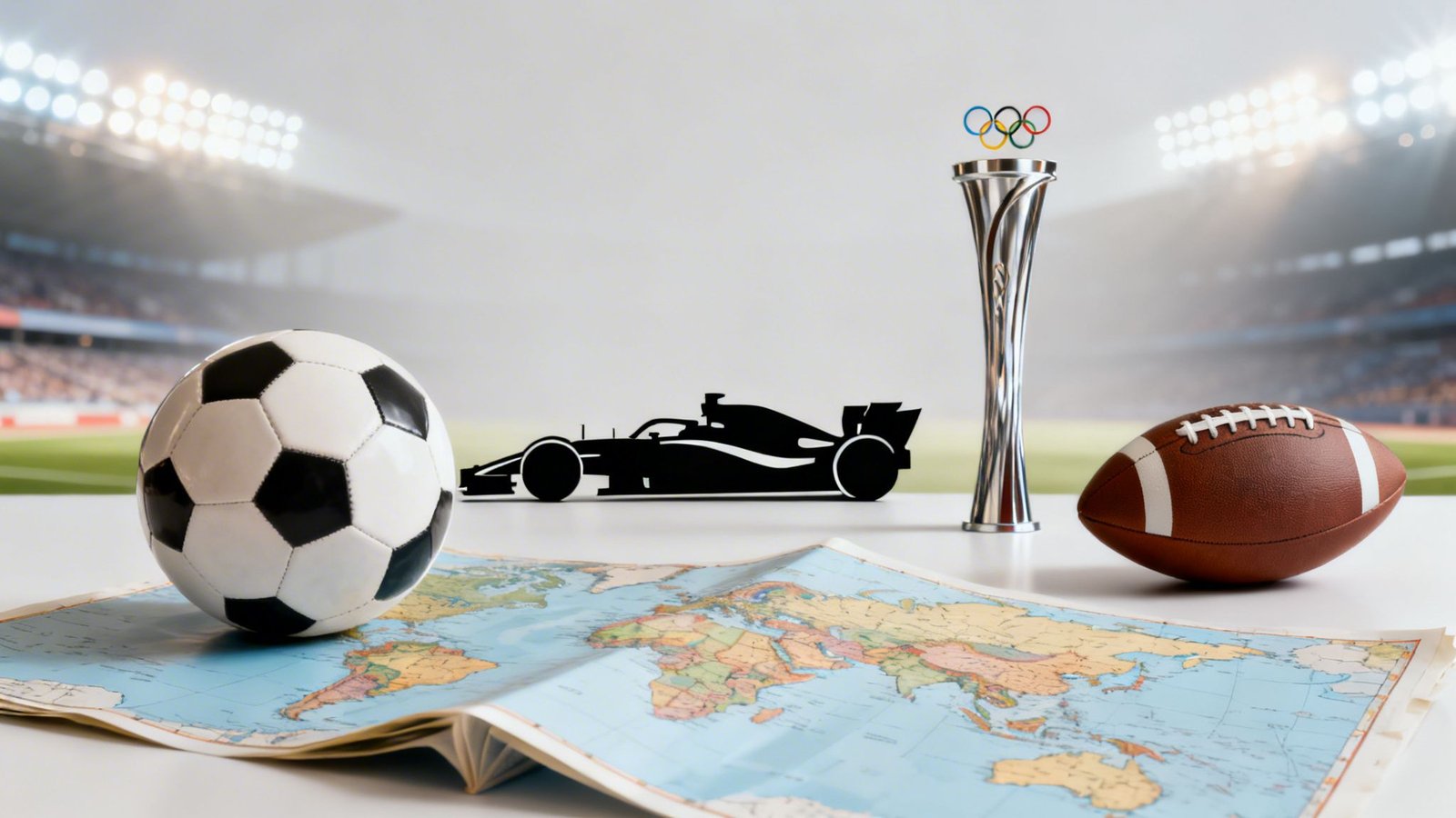 Your Ultimate Guide to Unforgettable Sports Tourism Adventures A world map with various sports items: soccer ball, American football, F1 car, Olympic trophy, and stadium background.