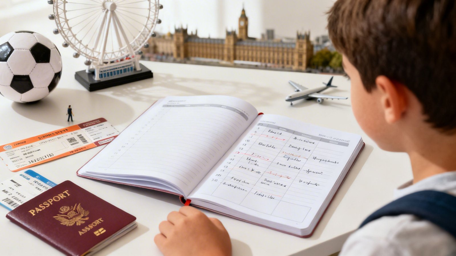 Your Ultimate Guide to Unforgettable Sports Tourism Adventures A young boy plans a London trip with a diary, passport, tickets, and miniature landmarks.