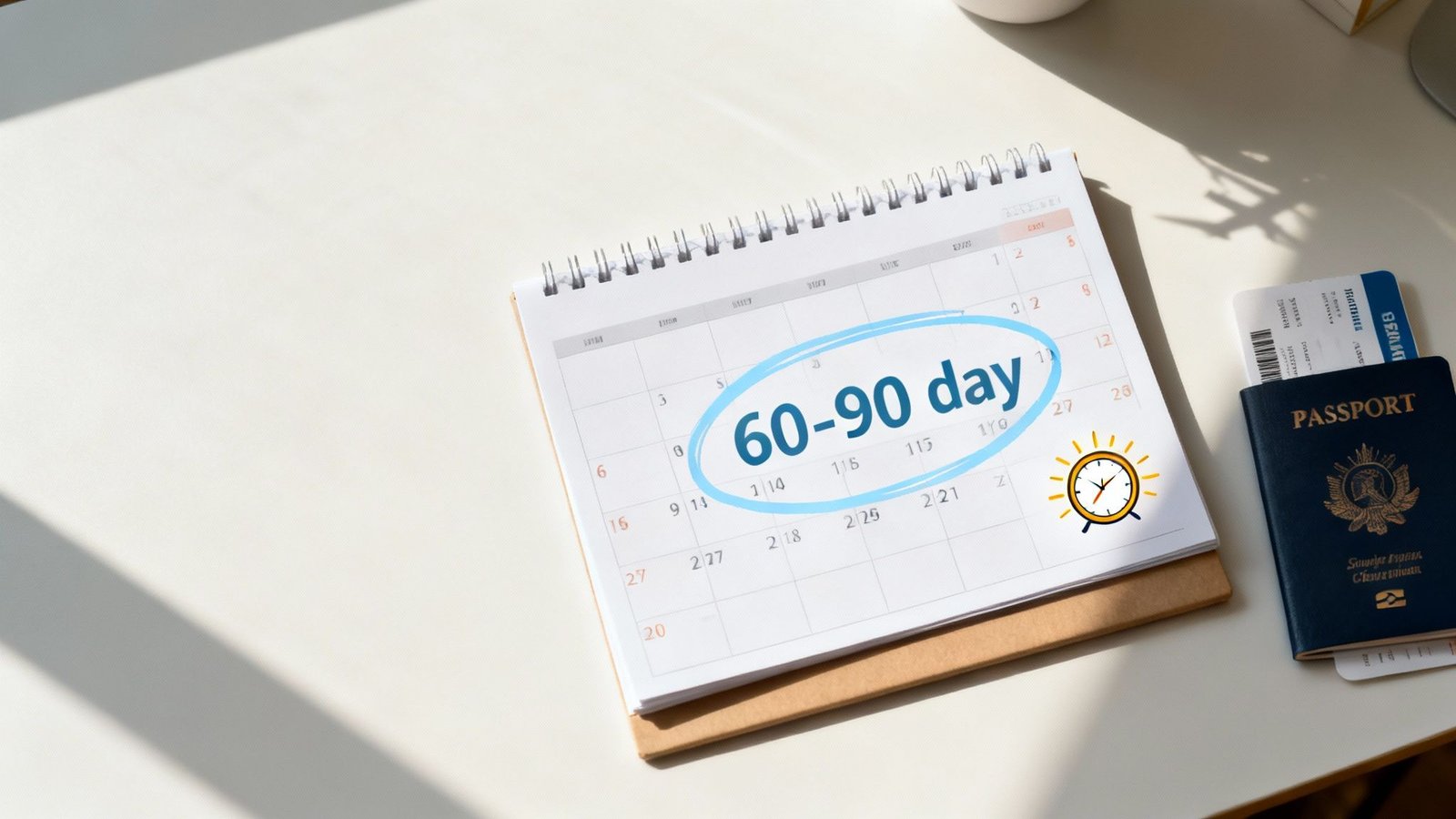 A desk with a calendar showing 