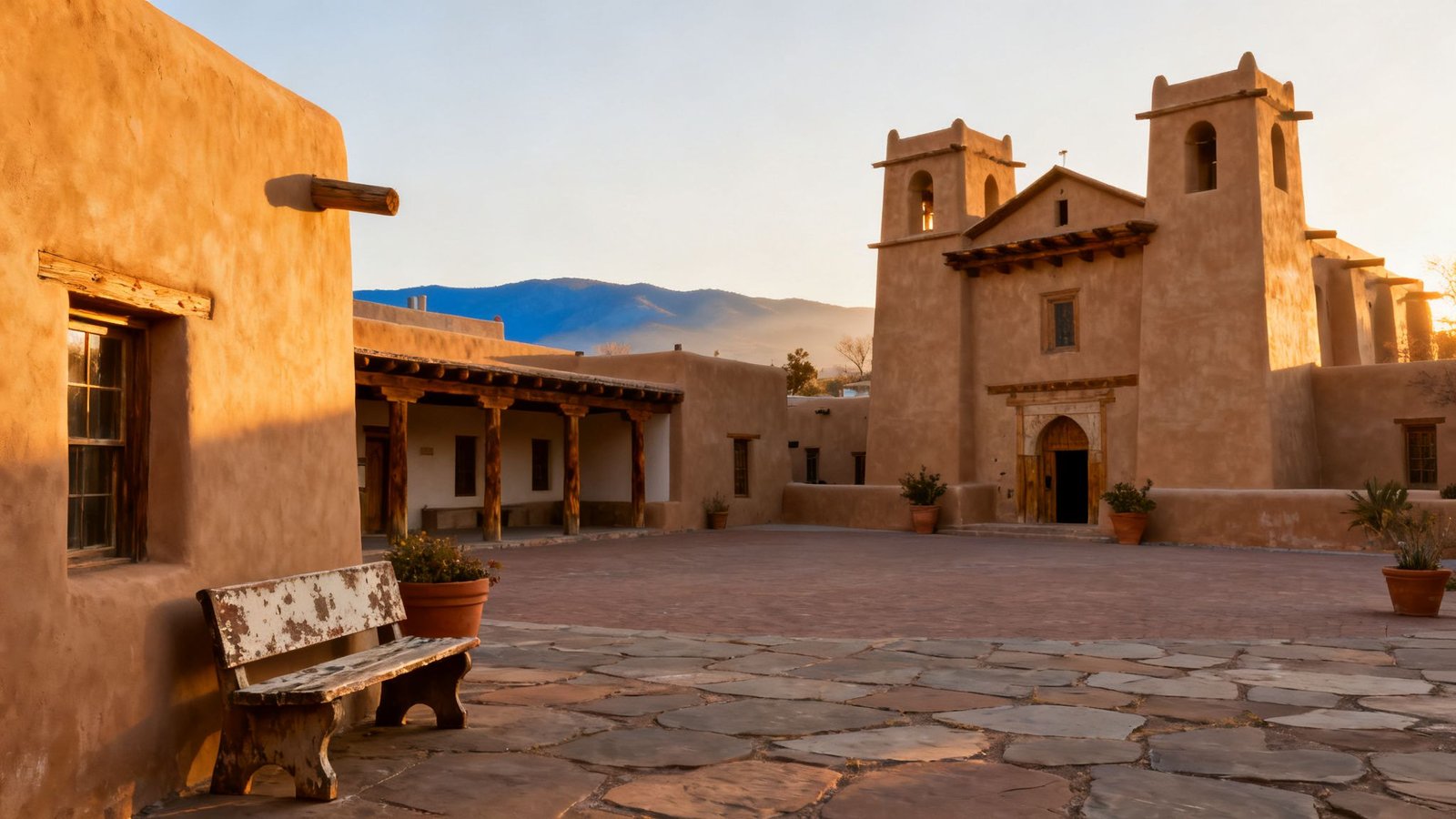 Golden hour light bathes an adobe church and buildings in a New Mexico plaza with mountains.
