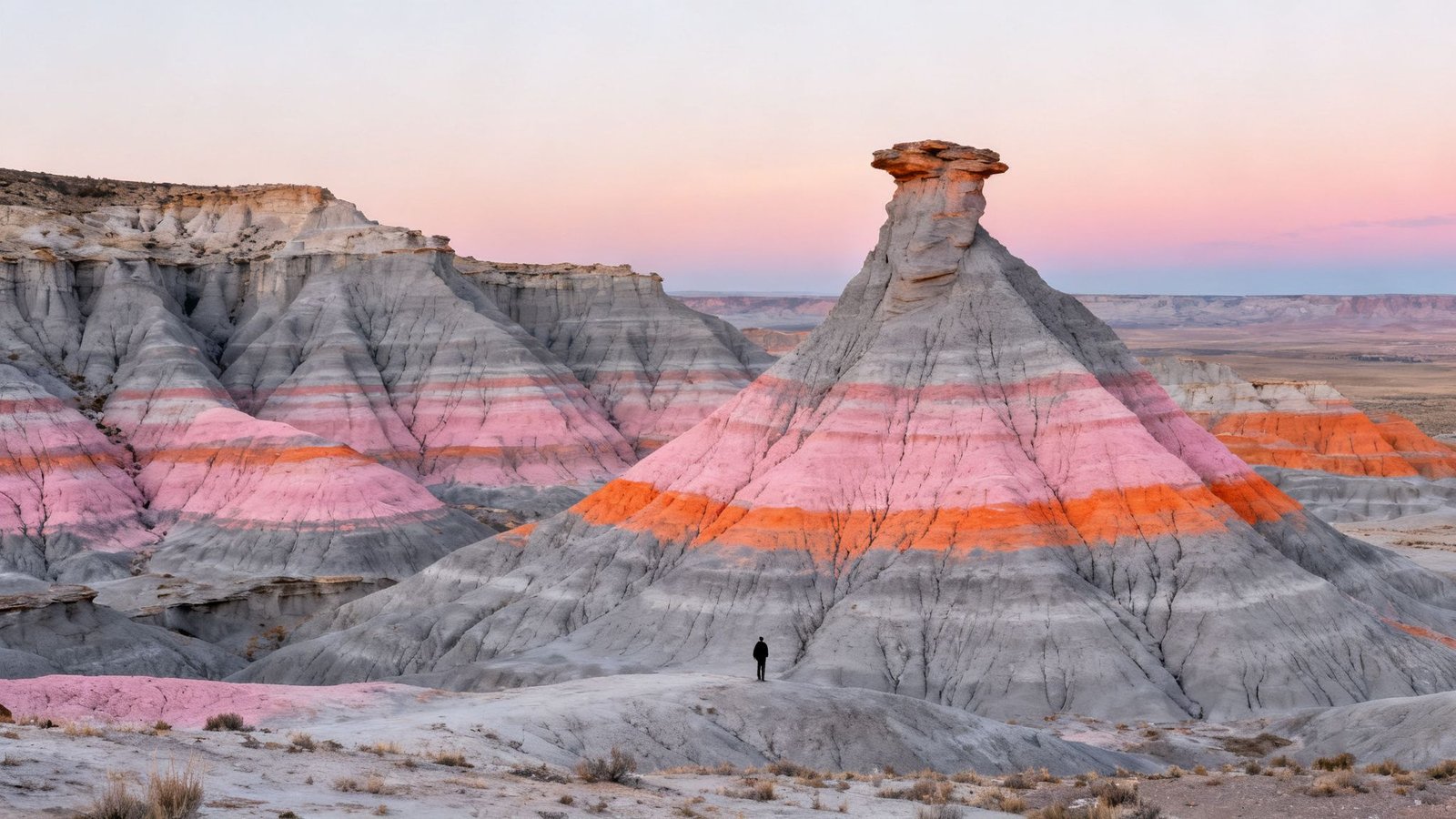 A person views stunning pink, orange, and gray layered desert rock formations under a pastel sky.