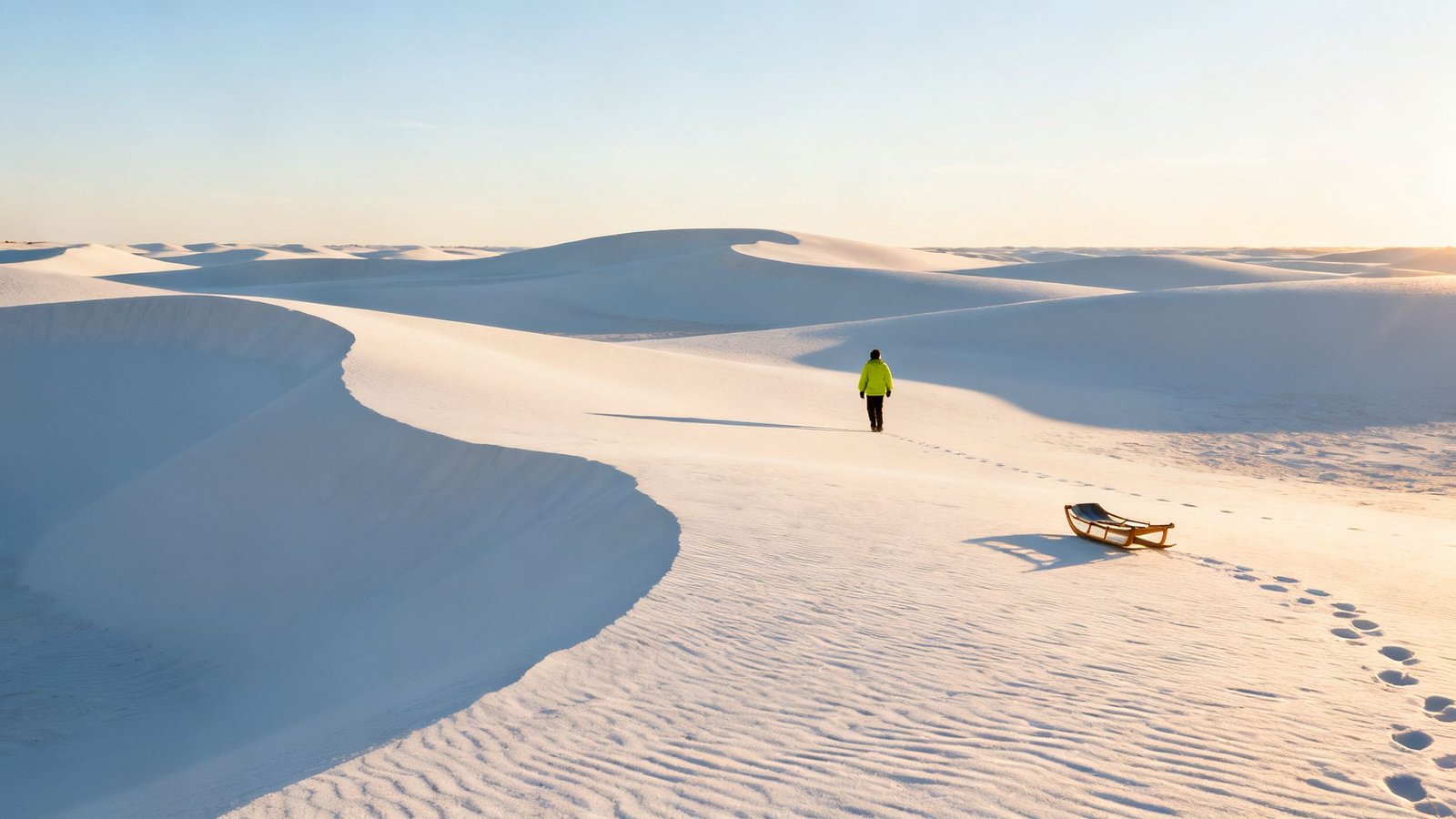 A person walks across vast white sand dunes at sunrise, leaving a sled behind.