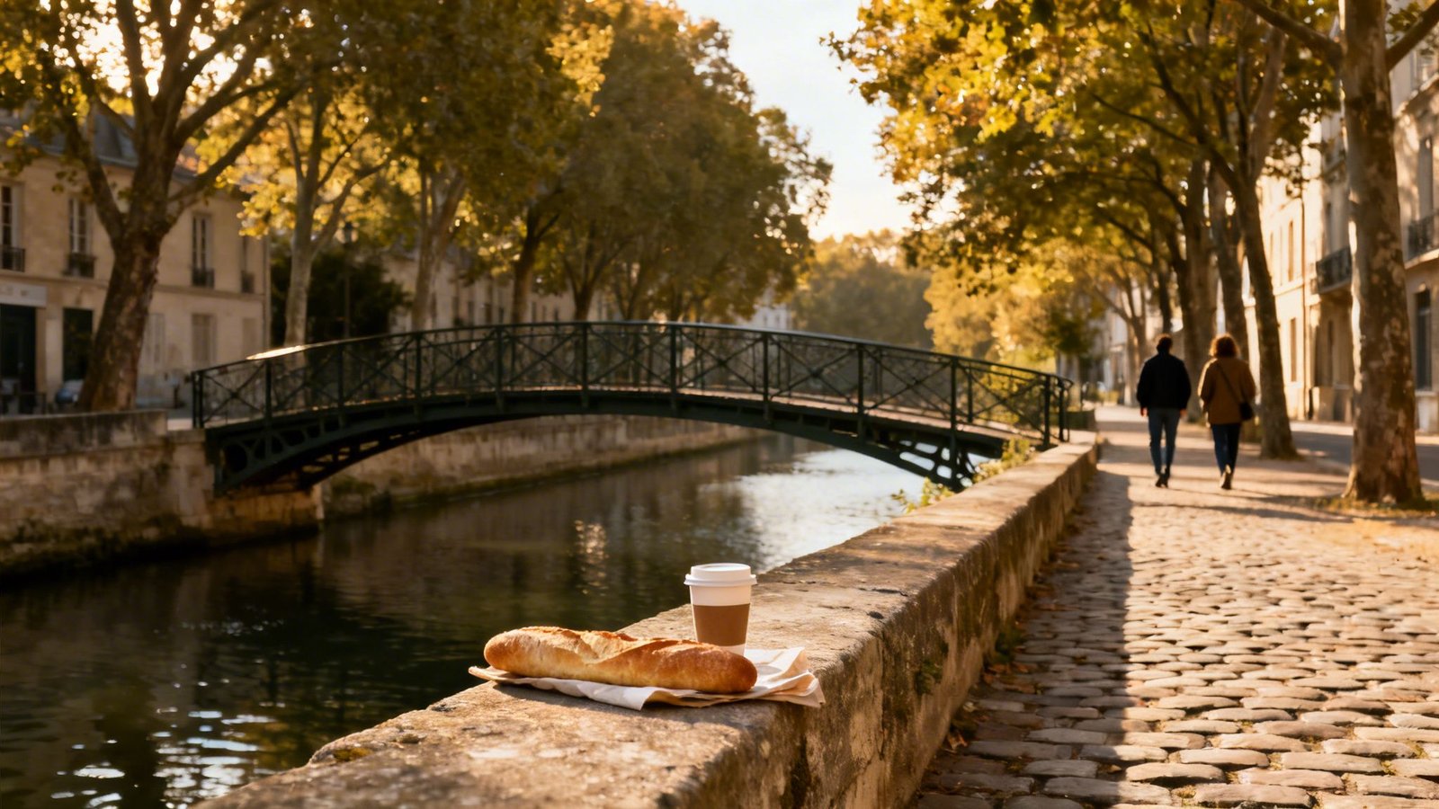 The Ultimate Travel Guide for Paris_ Your Whimsical Playbook for 2026 A baguette and coffee on a stone wall by a canal with a bridge, trees, and people walking.