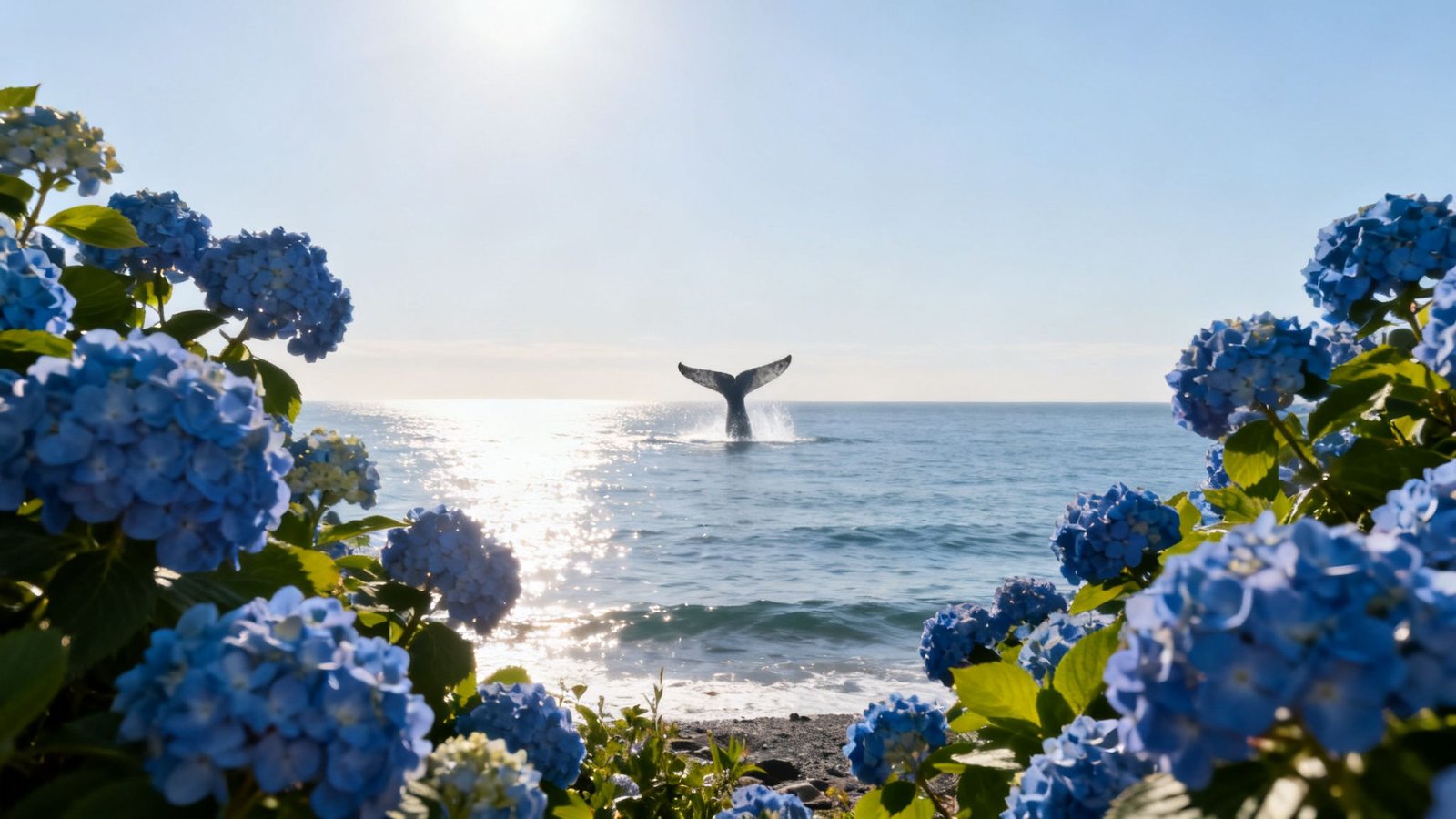 A majestic whale tail breaches in a sparkling ocean, framed by vibrant blue hydrangeas under a sunny sky.